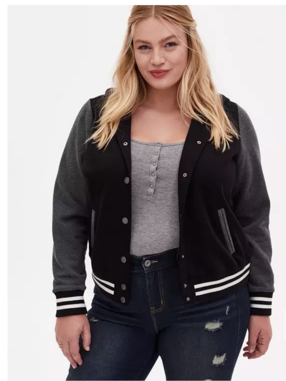Torrid Black & gray hooded varsity bomber jacket
